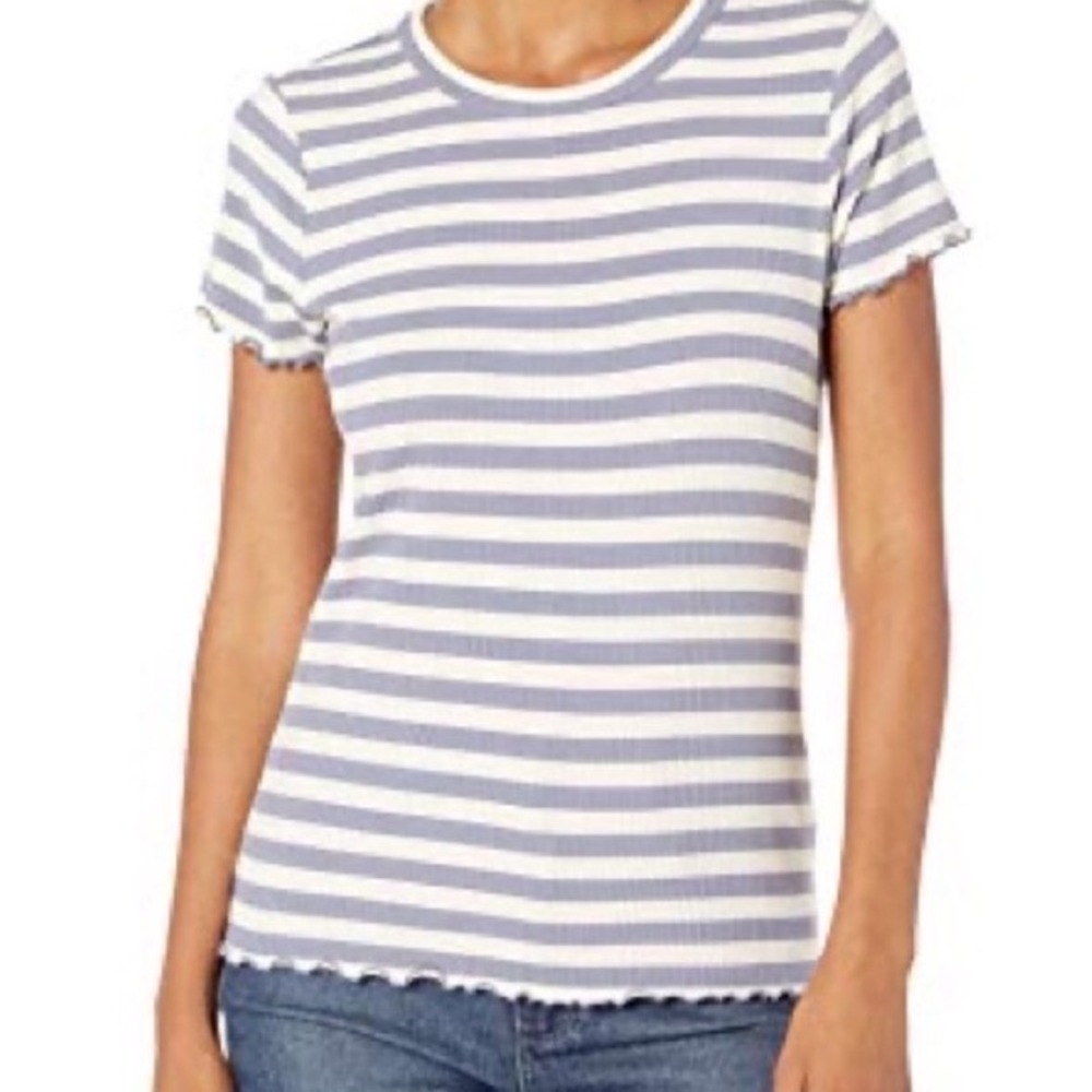 PAIGE Senne Striped Ribbed Lettuce Hem Preppy Top Tee Womens Medium Blue‎ Ivory